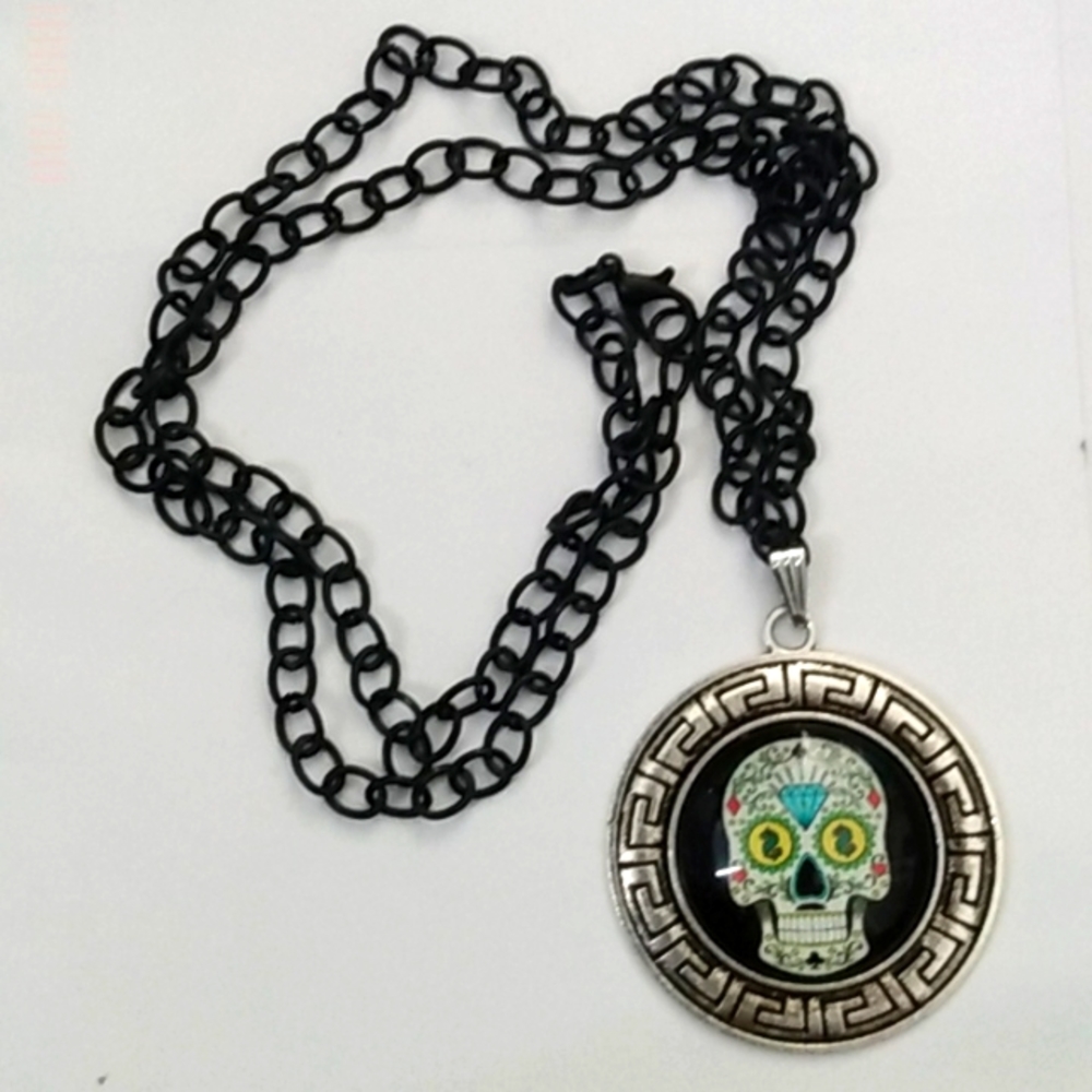 Handmade Sugar Skull Cabochon Aztec Pendant on 24" Black Chain Necklace